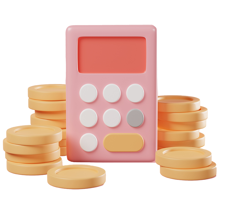 Coins are stacked next to a pink calculator