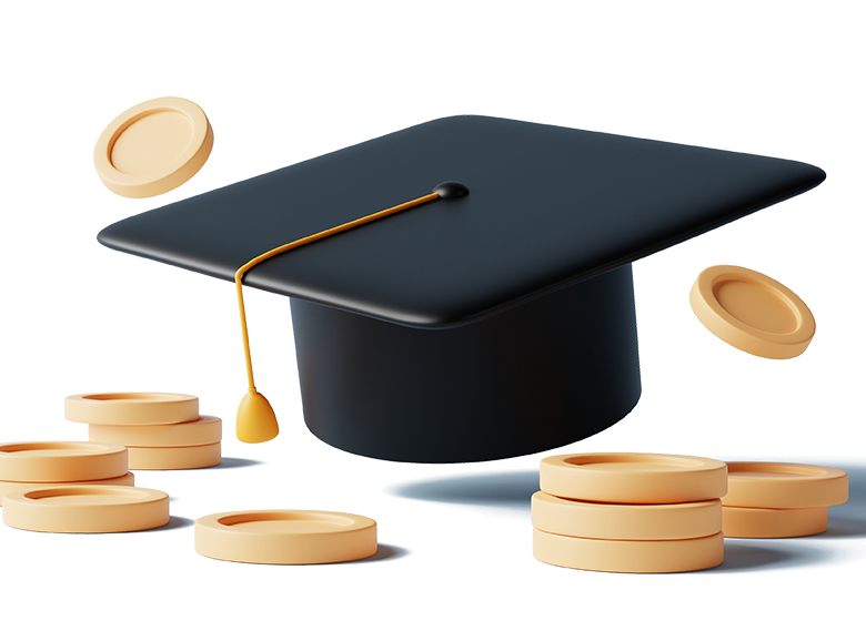 Gold coins surround a black graduate cap with gold tassel