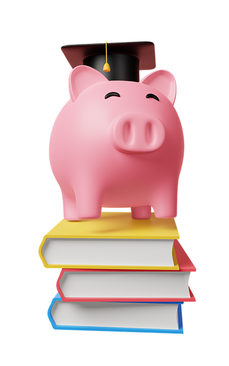 A pink piggy bank wearing a graduation cap is standing on top of three text books.