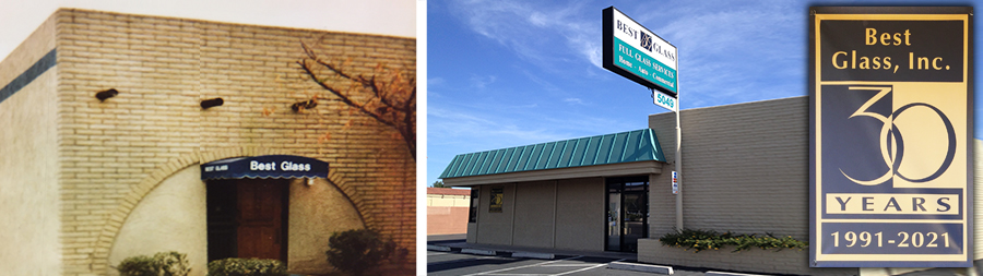 Two images showing different building locations for Best Glass over the years. The Best Glass logo notes the company’s 30 years in business, 1991-2021.
