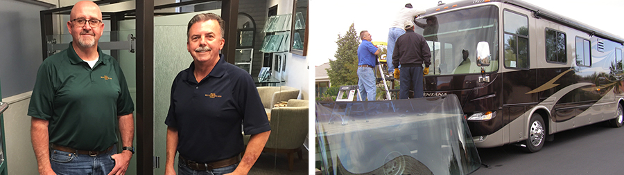 Two images, on the left: John Anguish and Bob Hittenberger pose for a photo in the Best Glass showroom. On the right, three men replace the large windshield on an RV.