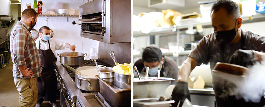 Two side-by-side photos show workers preparing food in various kitchens.