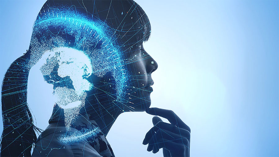 A 3D display of a globe in grid format appears over the image of a woman looking up and touching her chin with her forefinger, deep in thought.
