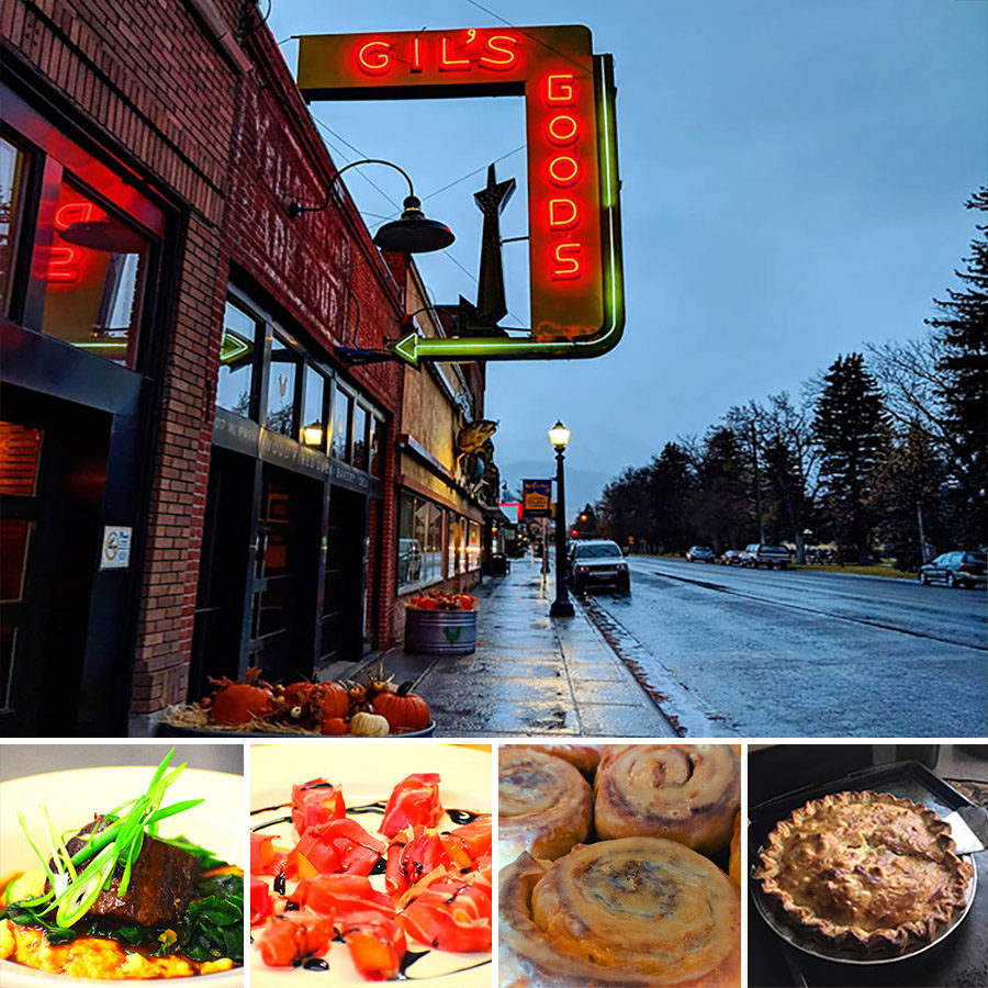 The side of a building with a neon sign that says Gil’s Goods is seen next to a street with several cars parked and trees across the road. Below that photo are photos of food, including a pie.