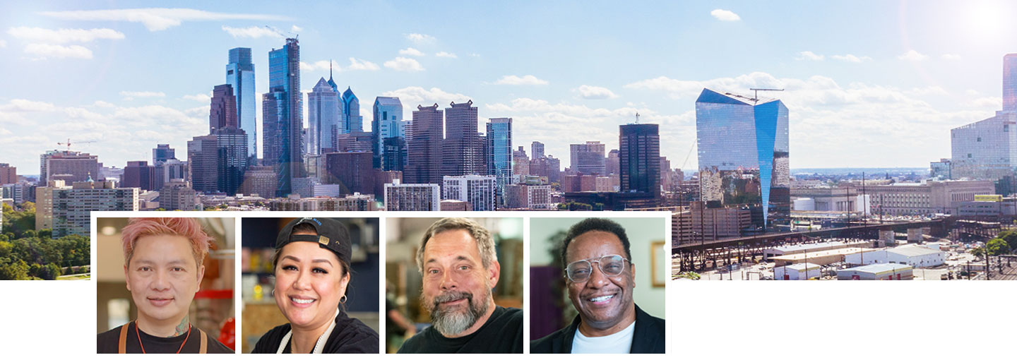 Row of headshots featuring Laurentius Purnama, Sunny Phanthavong, Mike Supermodel, and Randy Gibson with Philadelphia skyline in the background