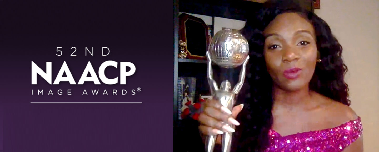 Purple box with the words 52nd NAACP Image Awards next to image of a woman in a pink dress holding an award trophy