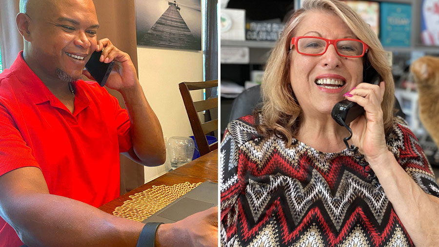 Split screen image of Marine veteran Marcus Mason at left smiling and talking on the phone to Military Warriors Support Foundation mentor Karyn Phillips, at right