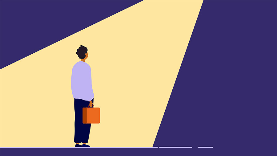 Graphic illustration spotlighting a person carrying a briefcase and looking ahead.