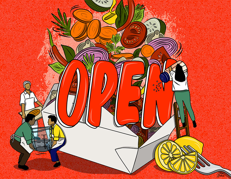 An illustration with a red background shows a white box with food above it and the word “open” in red letters. People are around the box with a salt shaker, a measuring cup, and a pan with bread on it. A fork with lemon is next to the box.