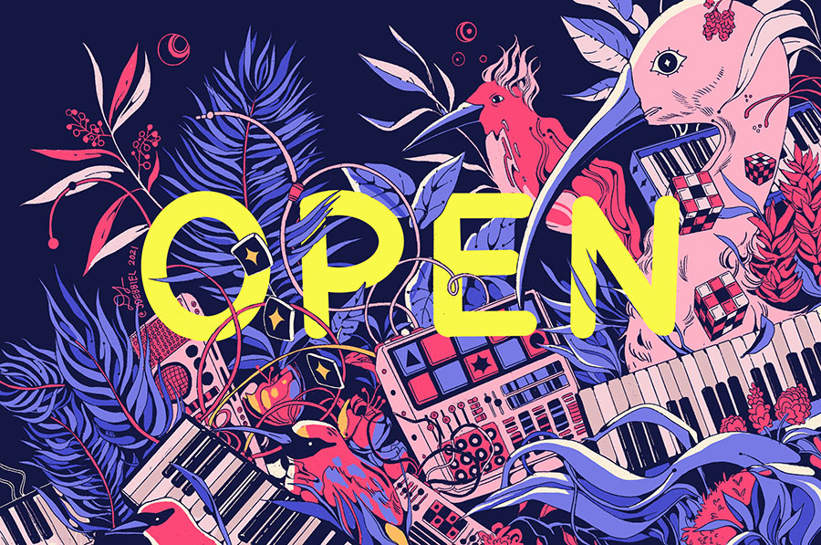 An illustration shows the word “open” in yellow letters with keyboards, speakers, plants, and birds around it in colors of blue, pink, and white.