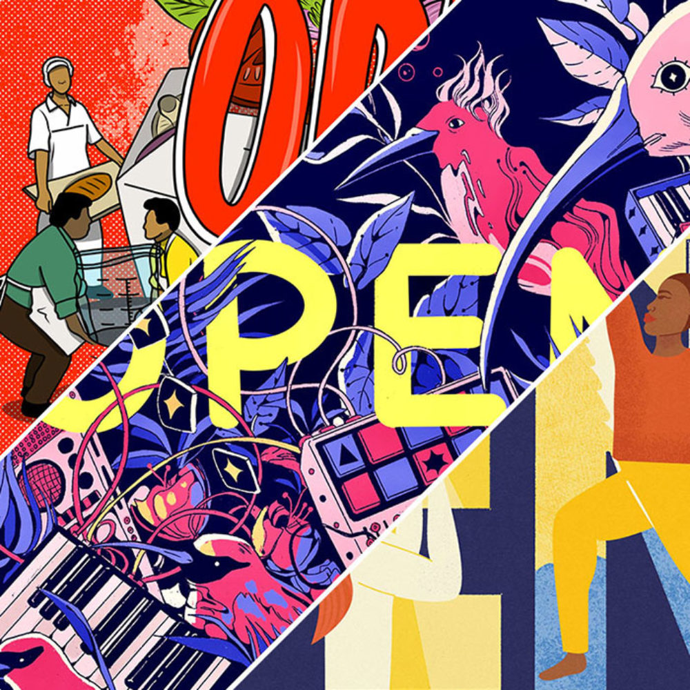 Three colorful illustrations are pieced together showing some of the word “open” on them.