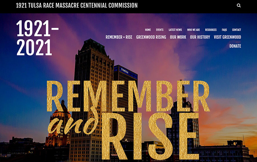 image screenshot of Tulsa Race Massacre Centennial Commission website, featuring a photo of Tulsa skyline at sunrise, with the words 