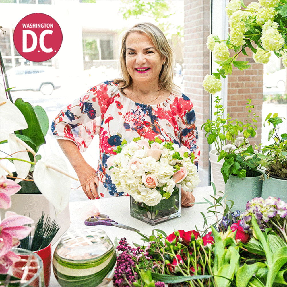 Photo of woman in floral shirt surrounded by flowers, man in suit and glasses with a tape measure draped around his neck, followed by photo of woman sitting in diner booth and smiling while holding a white coffee cup.