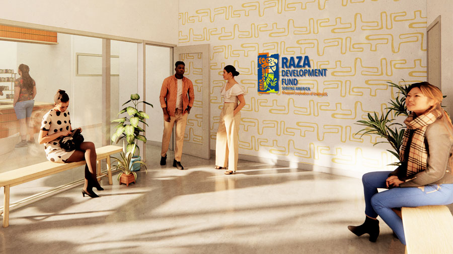 The interior of a building. There are two people sitting on benches, and two additional people standing talking. On the wall it says Raza Development Fund.