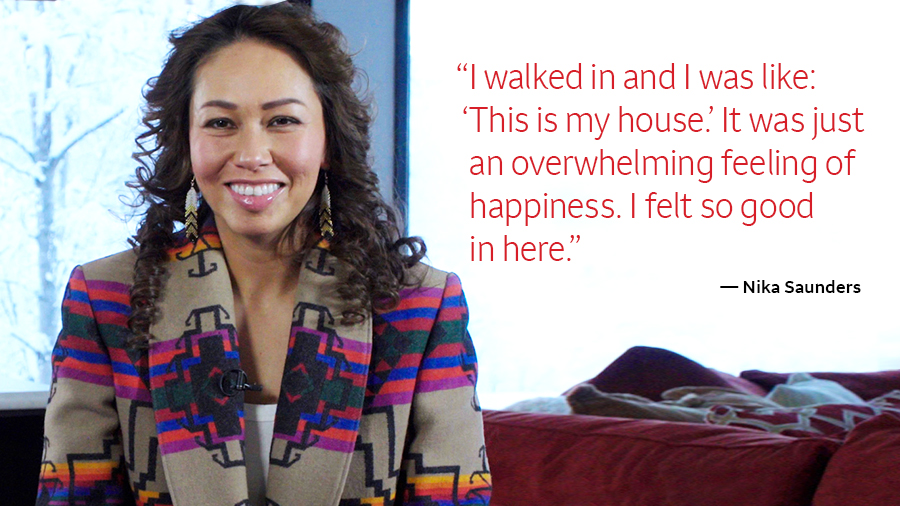 A photo of a smiling woman is next to the words “I walked in and I was like: ‘This is my house.’ It was just an overwhelming feeling of happiness. I felt so good in here.”