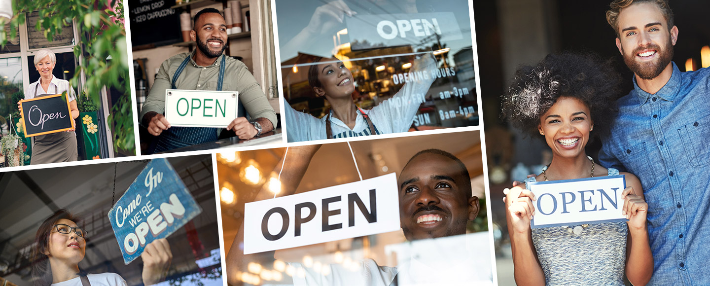 A collage of business owners holding Open signs.