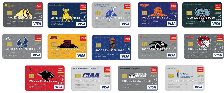 Fourteen different debit cards show images representing HBCUs and other organizations.