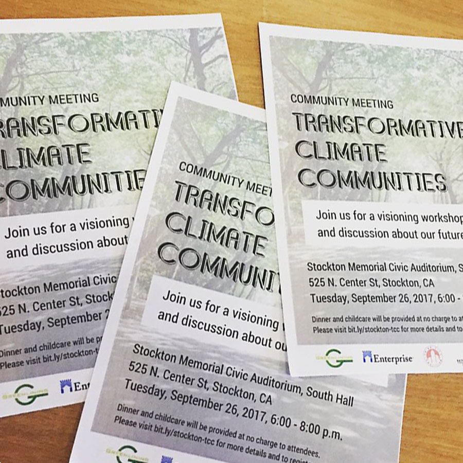 Three report covers are shown. They are all the same with the title Community Meeting Transformative Climate Communities.