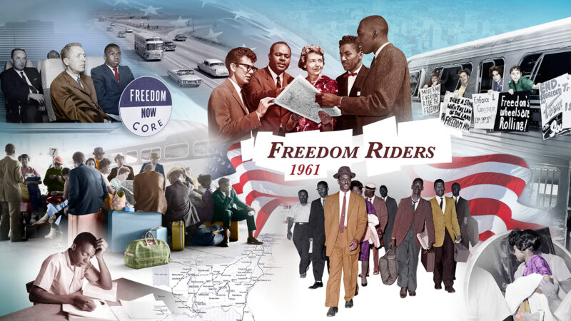 A picture of the Freedom Riders mural in Birmingham, Alabama. The mural shows several scenes representing the Freedom Riders.