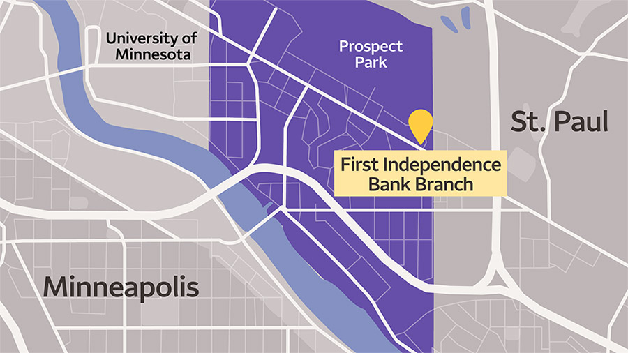 A map showing the exact location of the First Independence Bank branch location in Minneapolis.