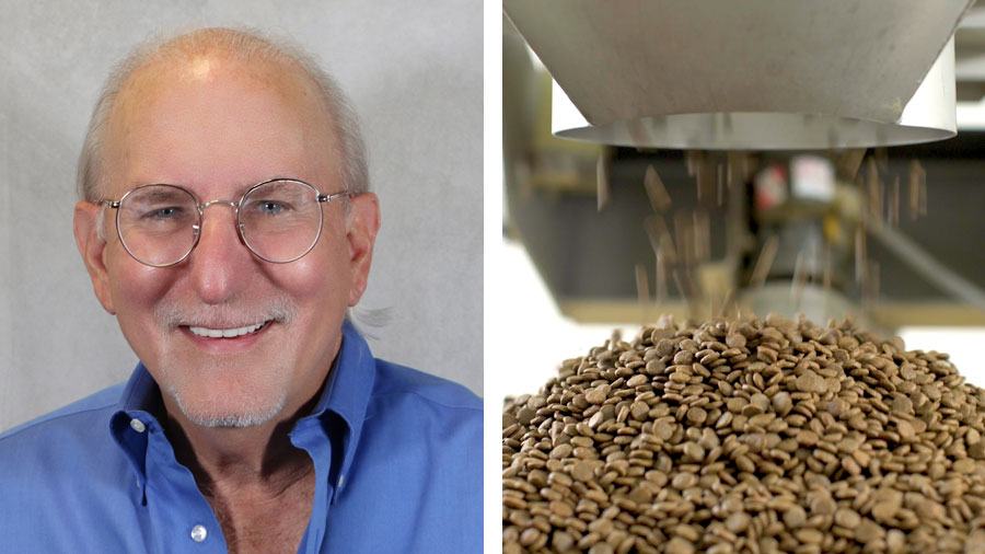 At left, a headshot of Joey Herrick. At right, a close-up shot of dry pieces of dog food being sorted by a machine.