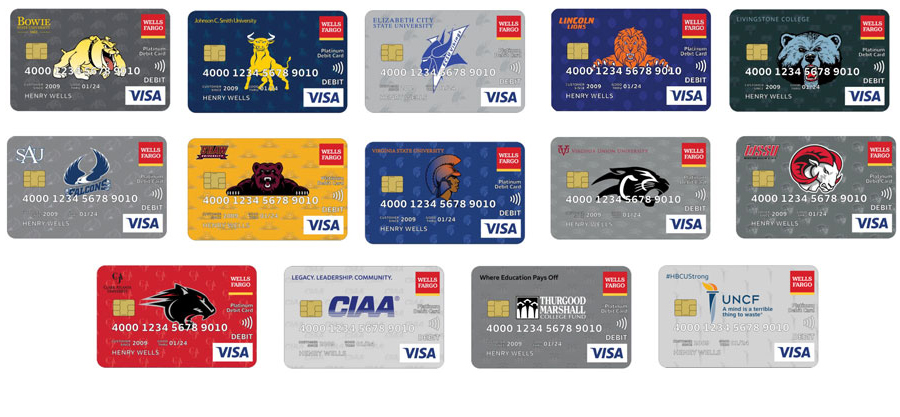 A series of HBCU-themed debit cards is shown