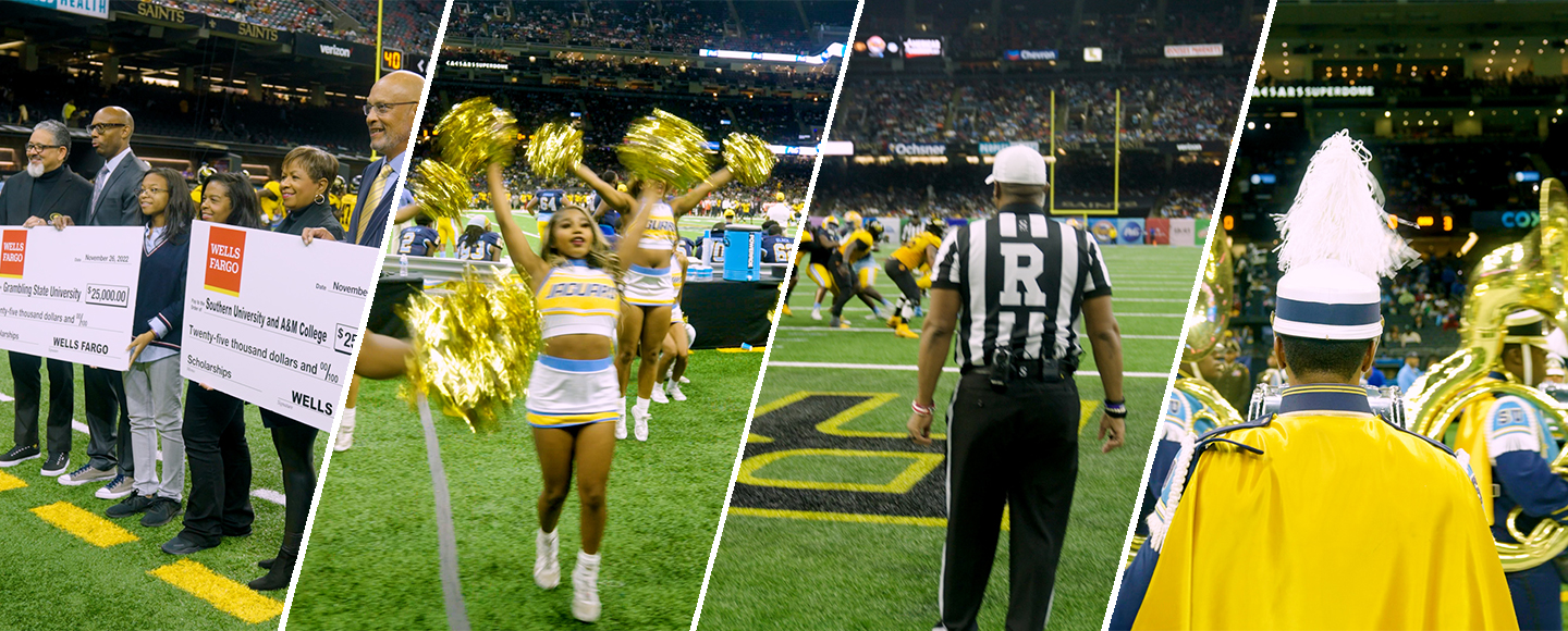 Four side-by-side images show people posing for a photo with replica donation checks; cheerleaders on a football field; a referee watching the action during a game; and members of a marching band.