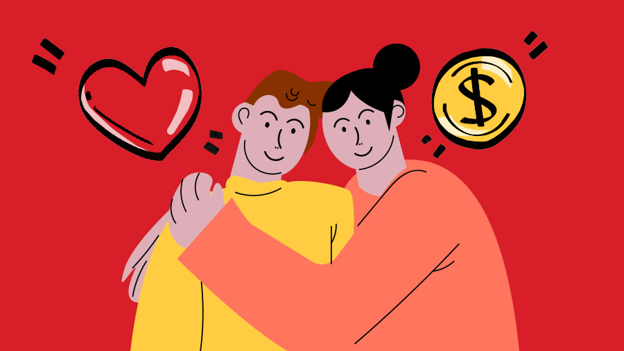 A cartoon drawing shows a woman in an orange shirt with her arms around a man in a yellow shirt. There is a red background with an image of a heart and a dollar sign.