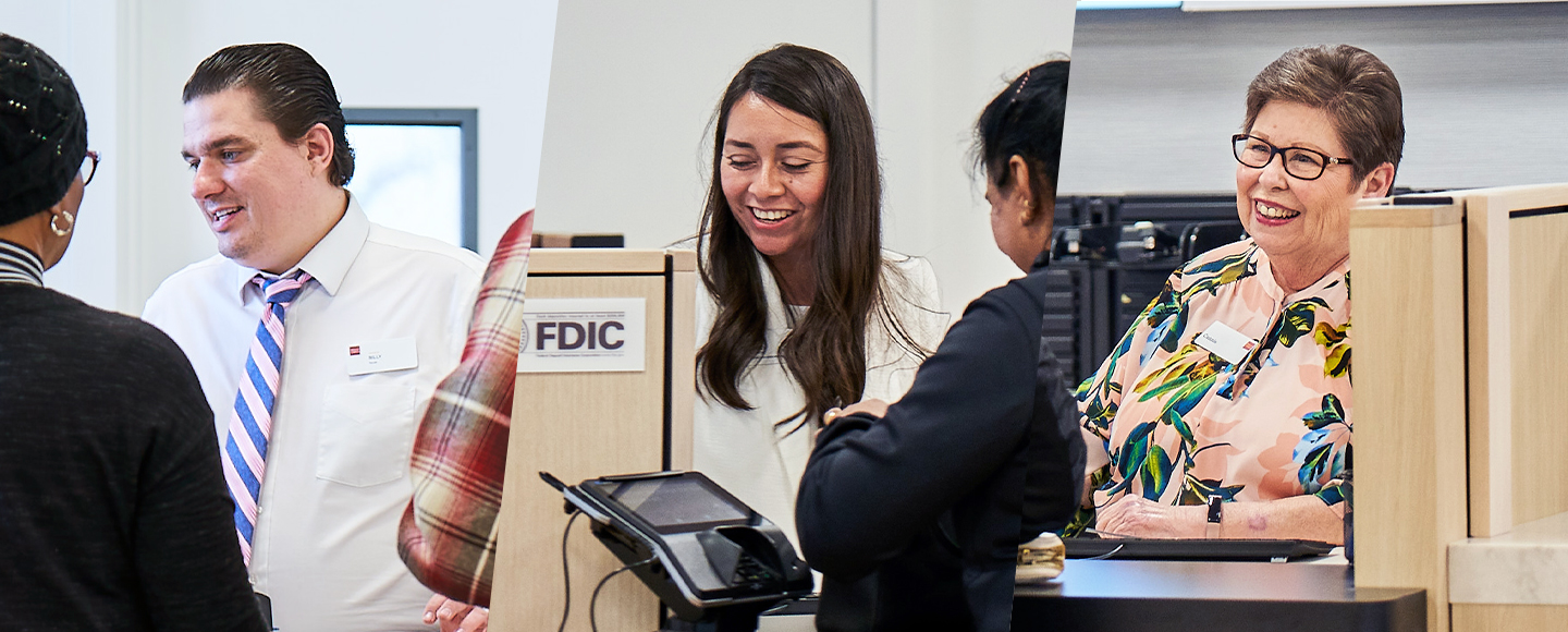Three side-by-side photos show Wells Fargo employees assisting customers at a branch in Folsom, California.