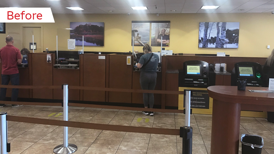 set of before and after photos of customers at a Wells Fargo branch show a teller line with new wood flooring, brighter lighting, and updated desks.