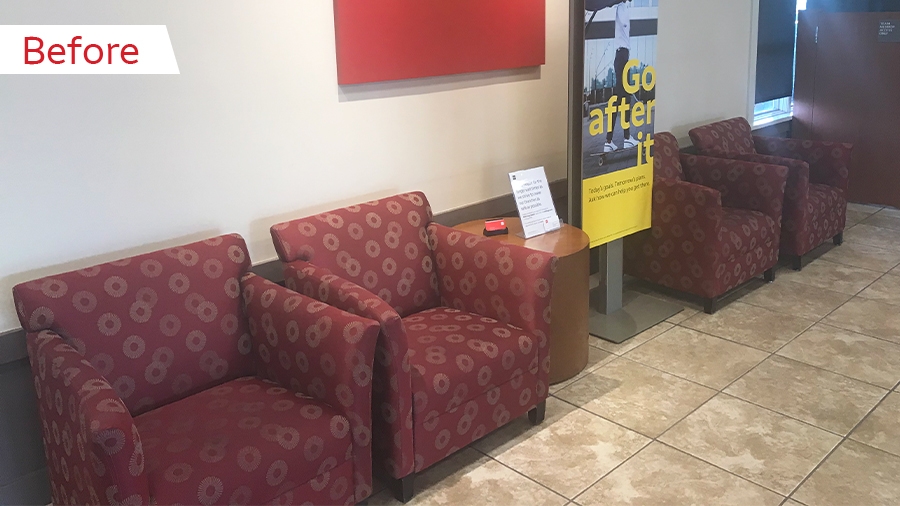A set of before and after photos show a row of chairs has been replaced with an informal seating area consisting of brighter gray sofas and chairs.