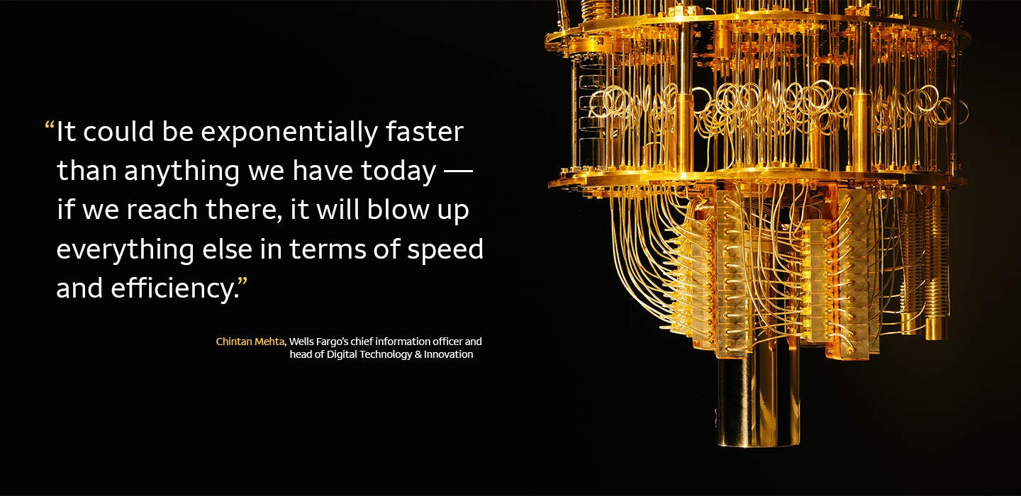 An image of a quantum computer that looks like a gold chandelier, next to quote from Chintan Mehta: 
