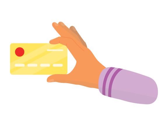 An illustration of a hand with a purple sleeve holds a credit card.