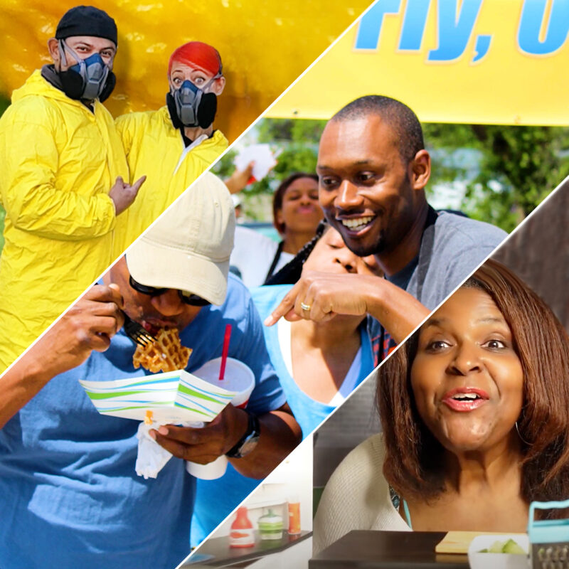 Three photos cut diagonally into one show two people in hazmat suits, a person eating a waffle with a fork with another person smiling and pointing, and a person crouched down and smiling.