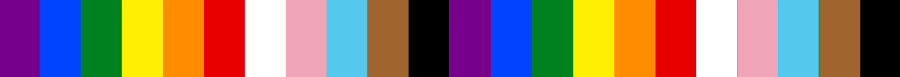A banner of stripes in purple, blue, green, yellow, orange, red, white, pink, light blue, brown, and black.