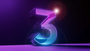 A glowing 3D graphic of the number 3