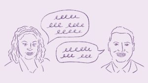 A gif line art portrait of Veronica Willis, WFII Global Investment Strategist and Luis Alvarado, Global Fixed Income Strategist at WFII with speech bubbles showing them talking.