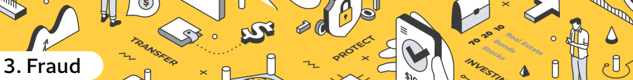 The text 3. Fraud is shown over a yellow background with several small line drawings depicting a wallet, a lock, a phone, numbers, and cylinders.