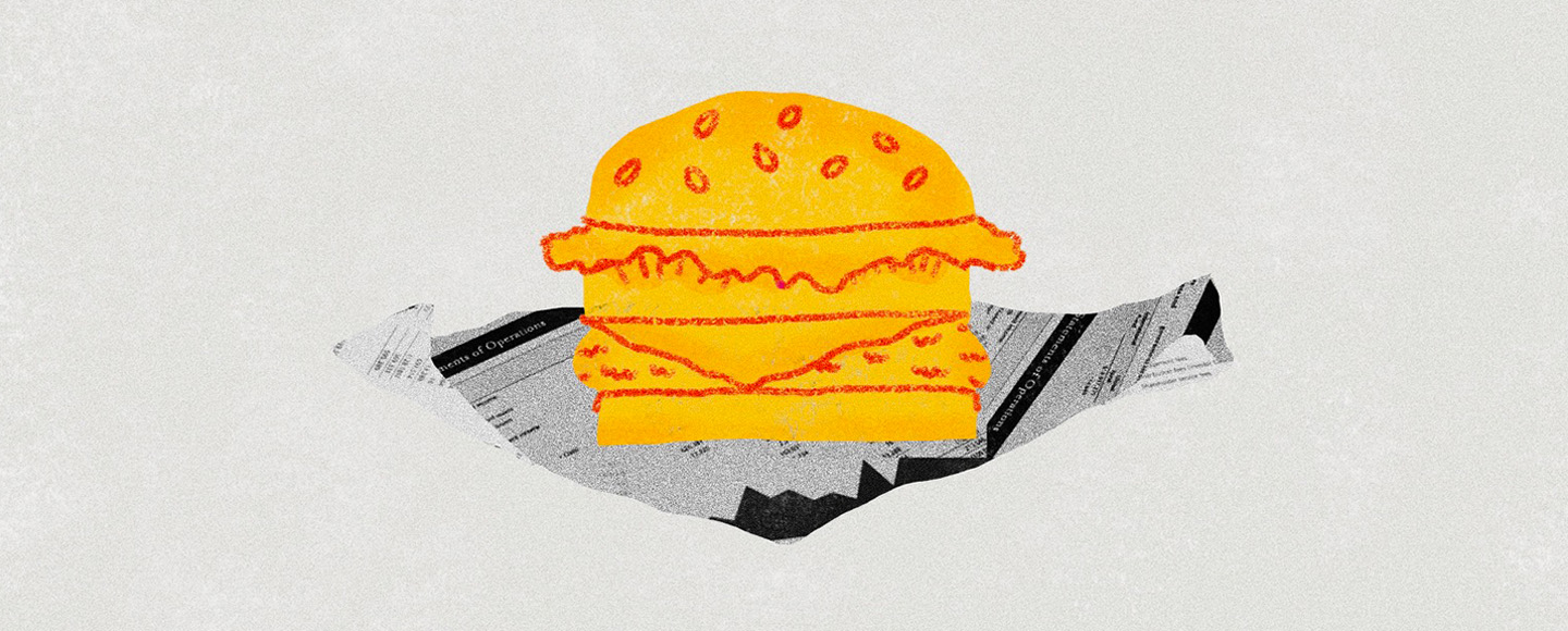 An illustration of a burger atop a stack of business documents