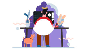 An illustration depicts a person sitting at a desk with a computer. There is a halo over the person’s head, and a small dog on the ground next to them.