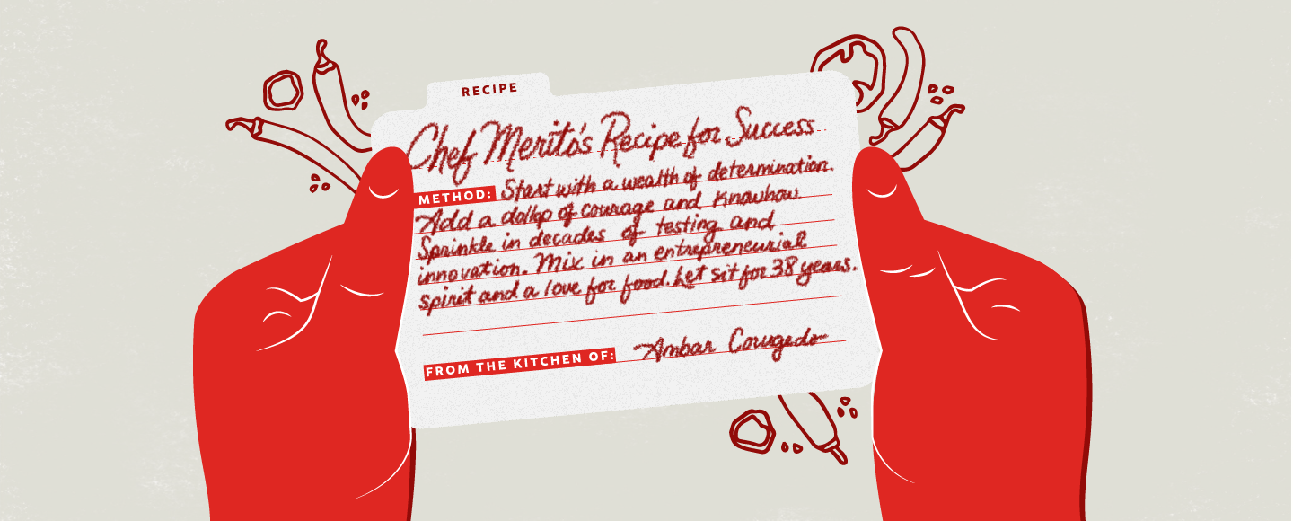 An illustration shows two hands holding a recipe card that reads Chef Merito’s Recipe for Success: Method: Start with a wealth of determination. Add a dollop of courage and knowhow. Sprinkle in decades of testing and innovation. Mix in an entrepreneurial spirit and a love for food. Let sit for 38 years. From the Kitchen of: Ambar Corugedo