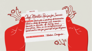 Illustration of two hands holding a recipe card with Chef Merito's Recipe for Success.