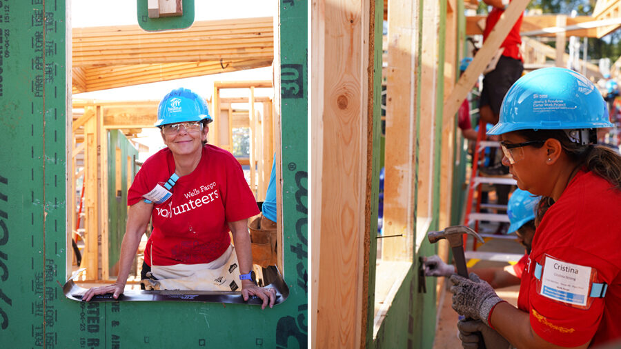 Two women work on the construction site of an unfinished home.