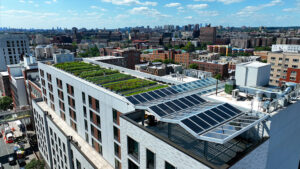 an aerial view of a rooftop garden in a city