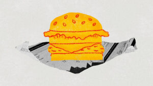 An illustration of a burger atop a stack of business documents