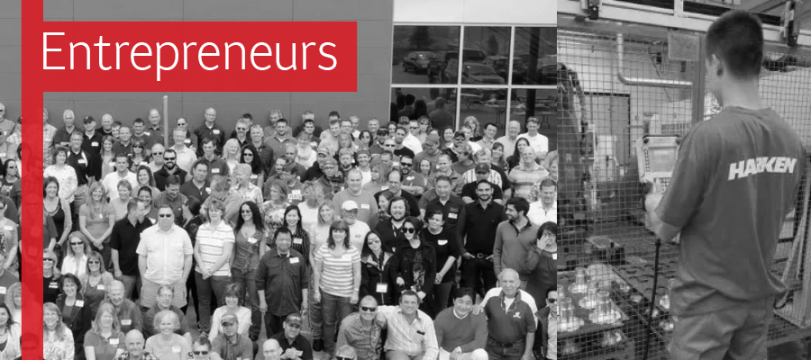 A black and white photo shows company employees standing together. On the right is an image of person wearing a Harken T-shirt. The text Entrepreneurs is in the top right.