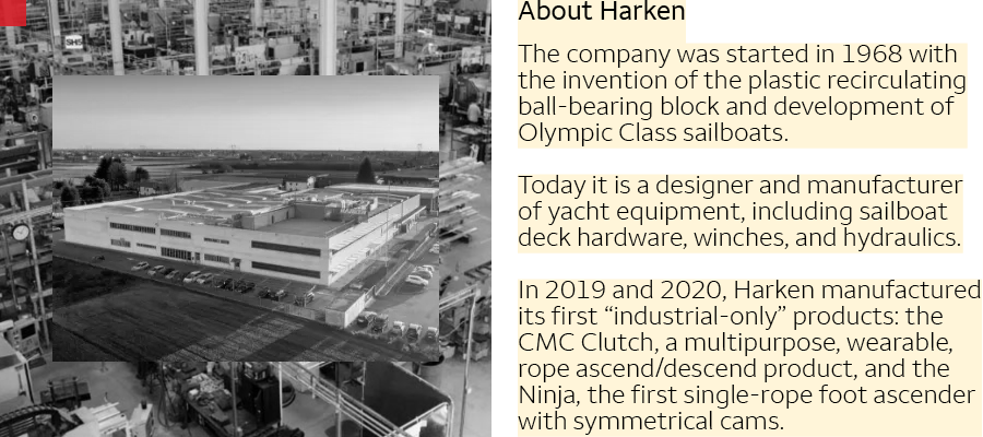 Harken: Started in 1968, designer and manufacturer of yacht equipment, manufactured the CMC Clutch and the Ninja
