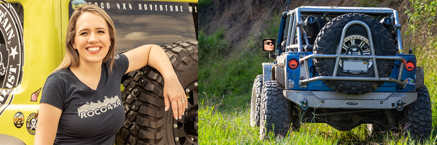 Side-by-side photos show a woman leaning against the spare tire of an off-road vehicle and a jeep driving in rugged terrain.