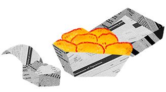 An illustration of fast food in business document-themed containers.