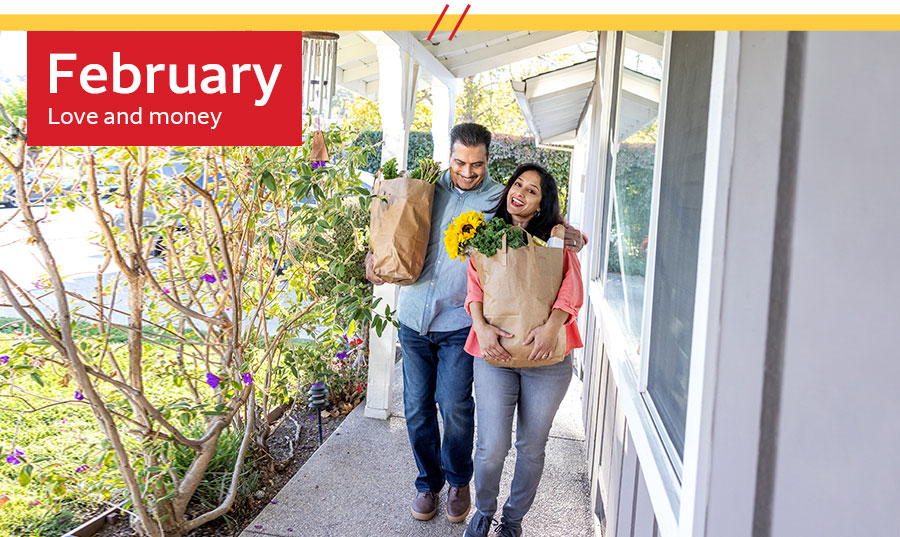 February - Love and money - Couple carrying groceries and talking about money